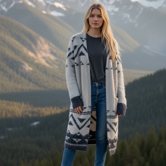 a.n.a Sweaters - a.n.a Gray and Navy Geometric Cardigan